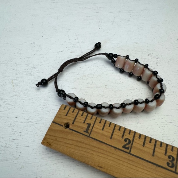 Barrel Shaped Bone Beads Bracelet with Black Rope & Tiny Black Beads Adjustable - Picture 9 of 9
